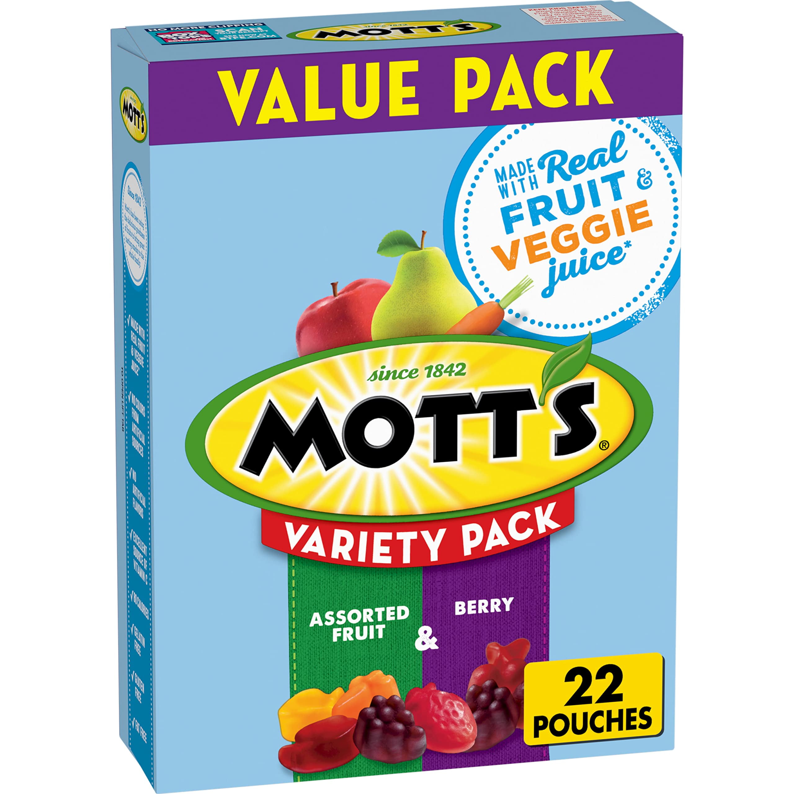 Mott's Fruit Flavored Snacks, Berry and Assorted Fruit, Gluten Free Snack, Value Pack, 22 Ct, 17.6 oz