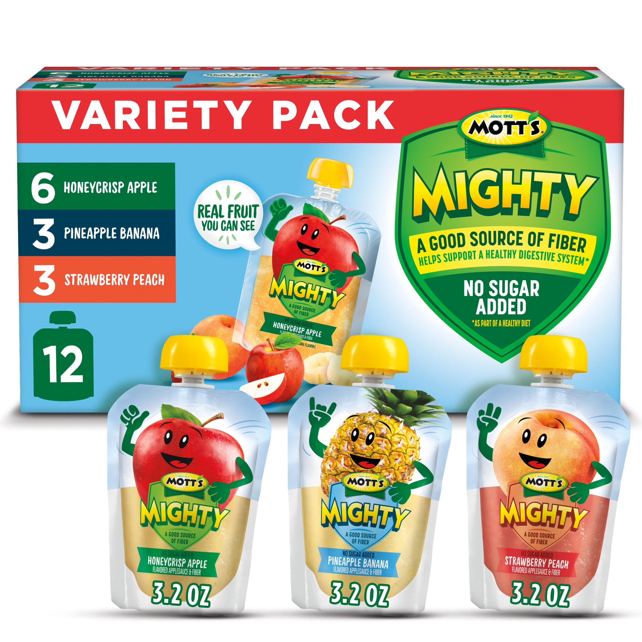 Mott's Mighty Applesauce Variety Pack, 3.2 oz, 12 Count Clear Pouches