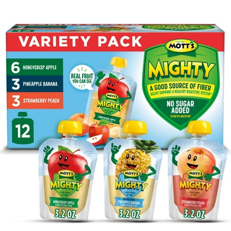 Mott's Mighty Applesauce Variety Pack, 3.2 oz, 12 Count Clear Pouches
