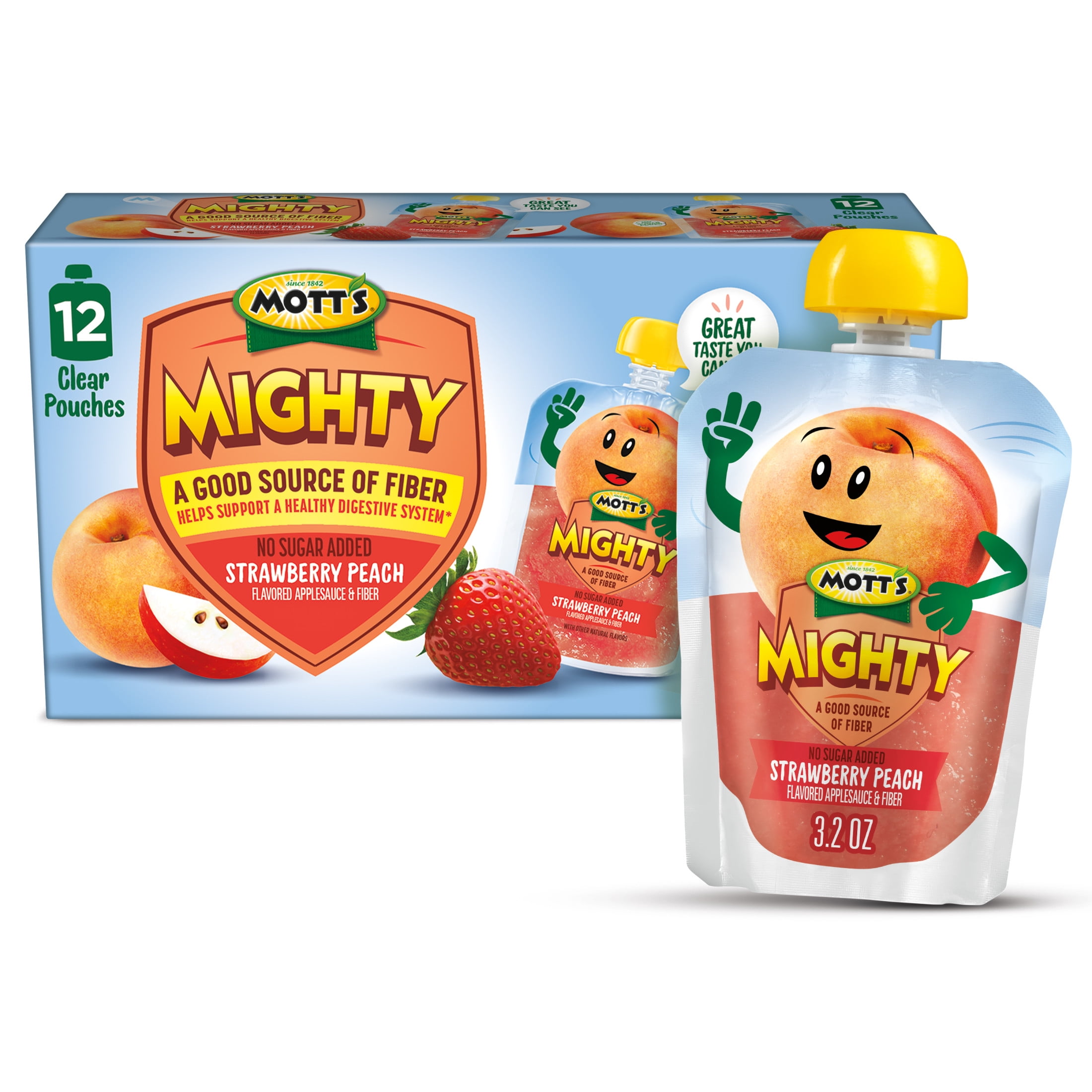 Mott's Mighty Strawberry Peach Applesauce, 3.2 oz, 12 Count Clear Pouches