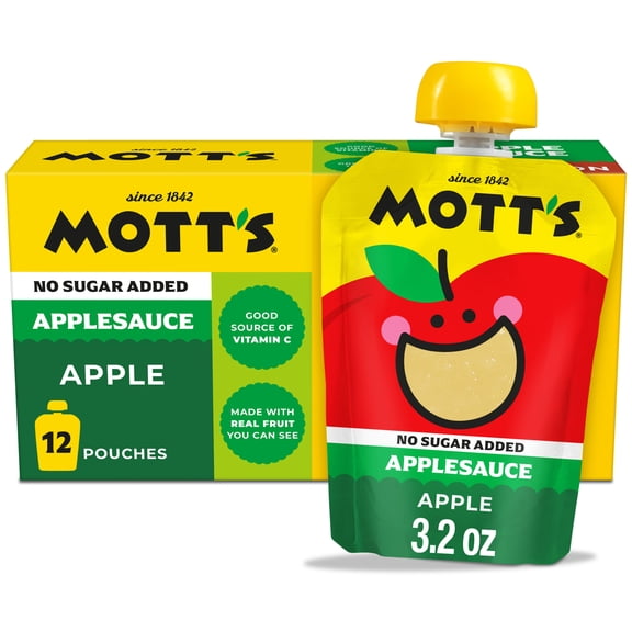 Mott's No Sugar Added Applesauce, 3.2 oz, 12 Count Clear Pouches
