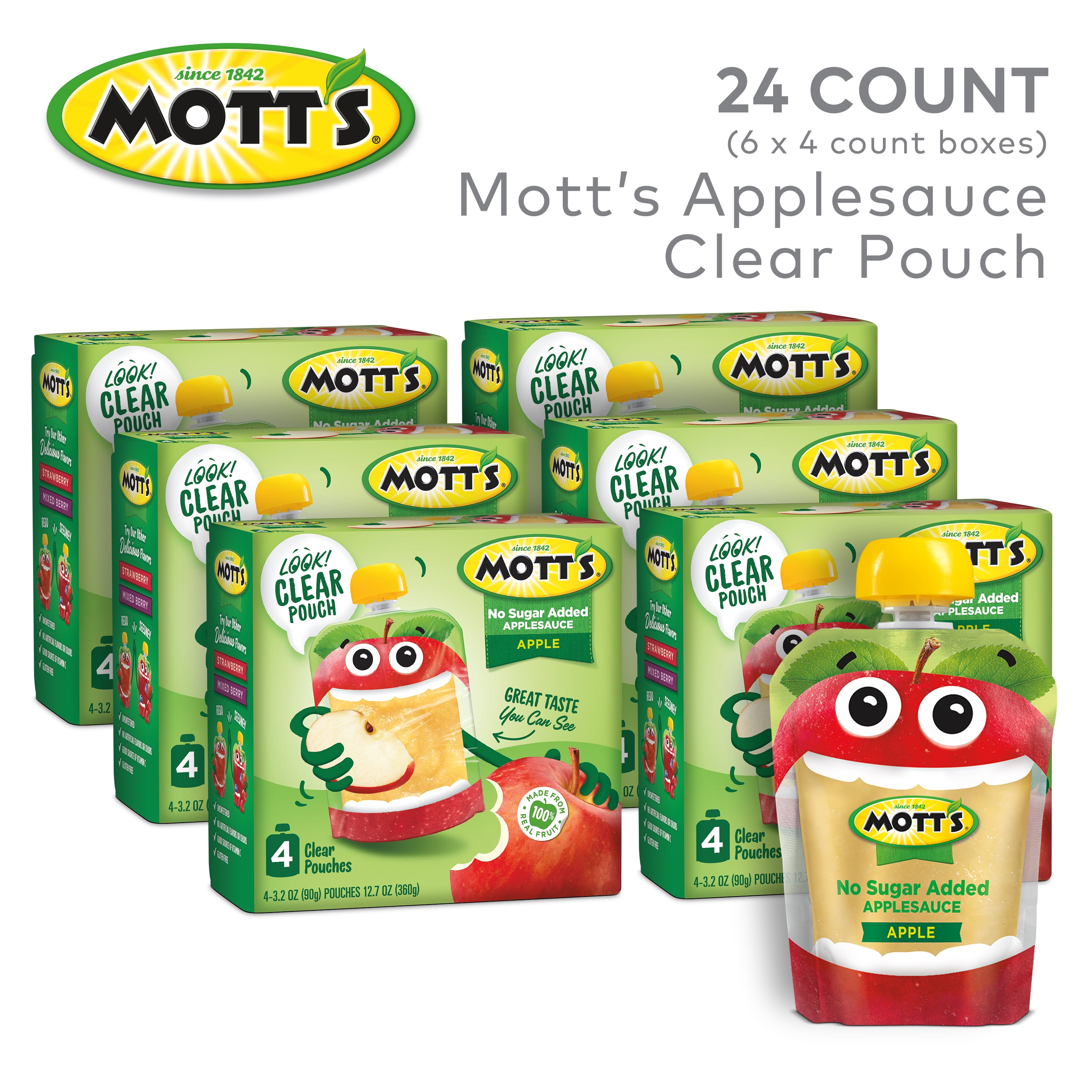 Mott's No Sugar Added Applesauce, 3.2 oz, 24 Count Clear Pouches (6 Packs of 4)