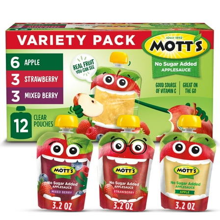 Mott's No Sugar Added Applesauce Variety Pack, 3.2 oz, 12 Count Clear Pouches