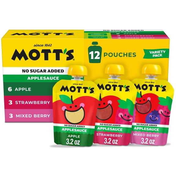 Mott's No Sugar Added Applesauce Variety Pack, 3.2 oz, 12 Count Clear Pouches