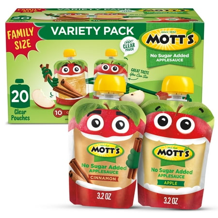 Mott's No Sugar Added Applesauce Variety Pack, 3.2 oz, 20 Count Clear Pouches