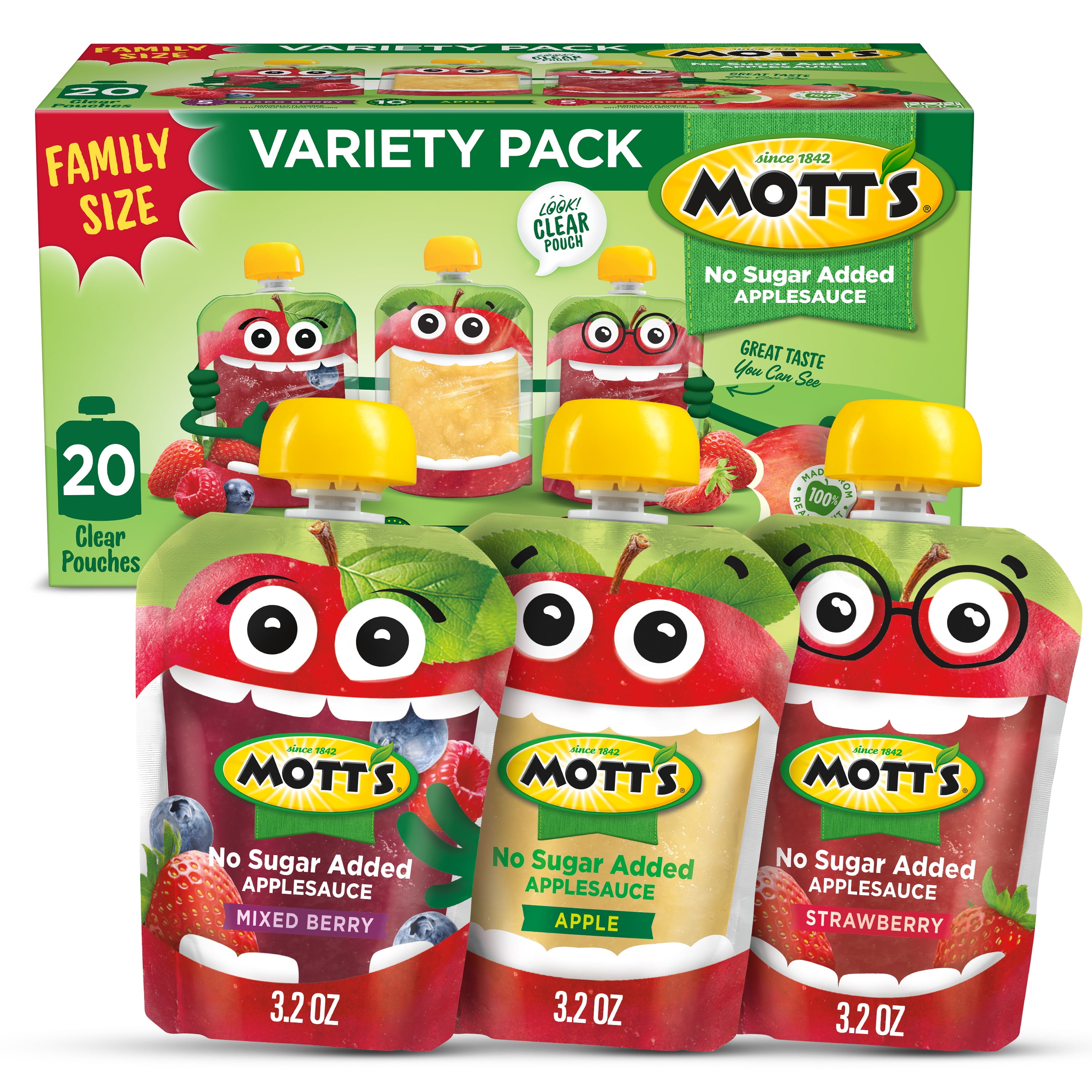 Mott's No Sugar Added Applesauce Variety Pack, 3.2 oz, 20 Count Clear