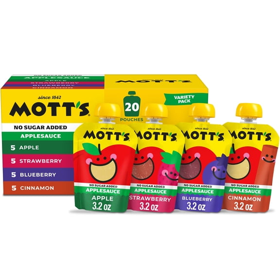 Mott's No Sugar Added Applesauce Variety Pack 4 Flavors, 3.2 oz, 20 Count Clear Pouches