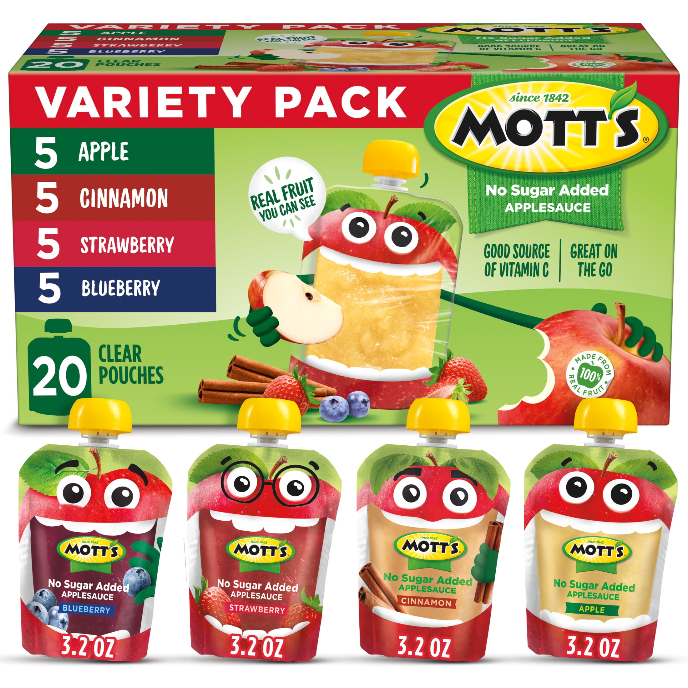 Mott's No Sugar Added Applesauce Variety Pack 4 Flavors, 3.2 oz, 20 Count Clear Pouches