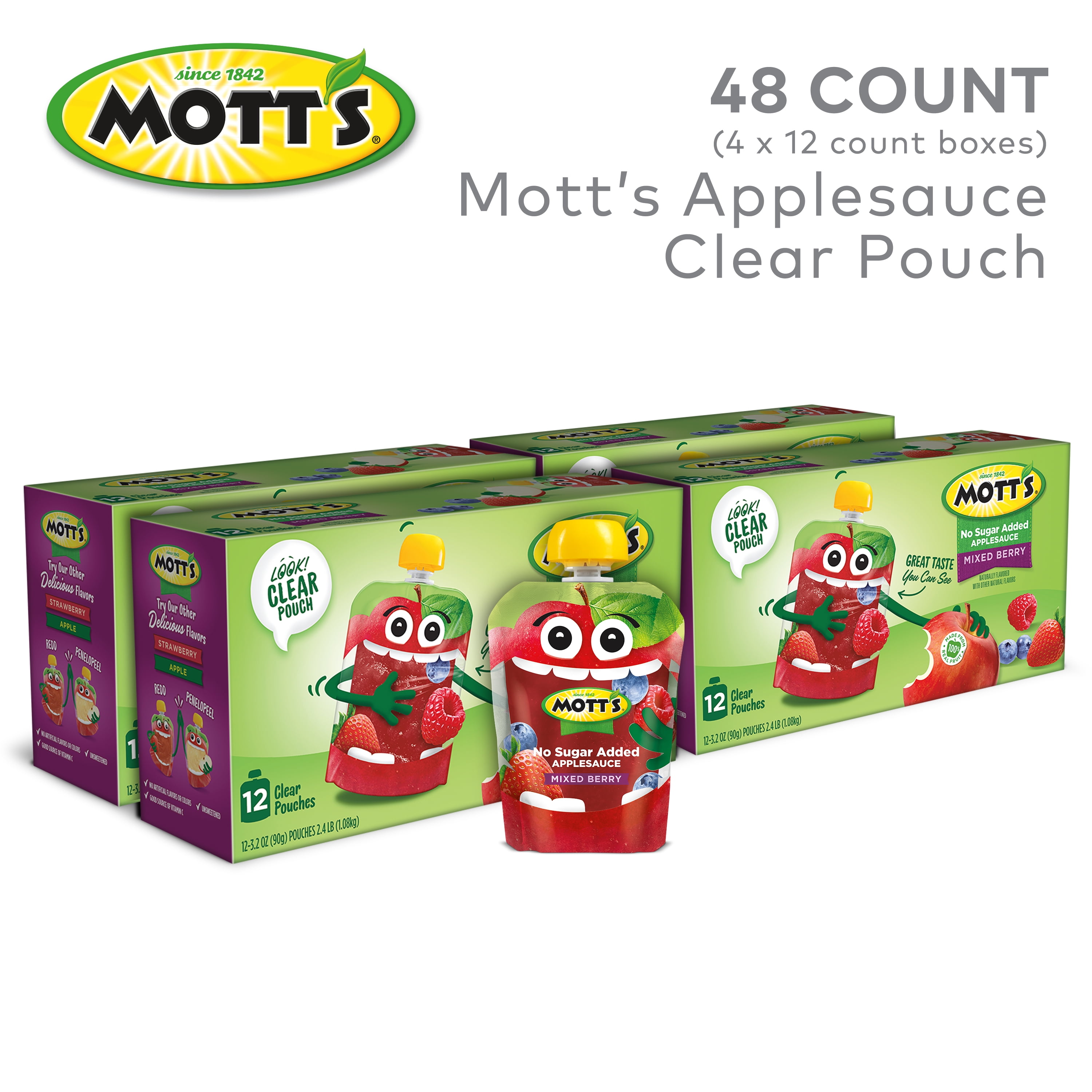 Mott's No Sugar Added Mixed Berry Applesauce, 3.2 oz, 48 Count Clear