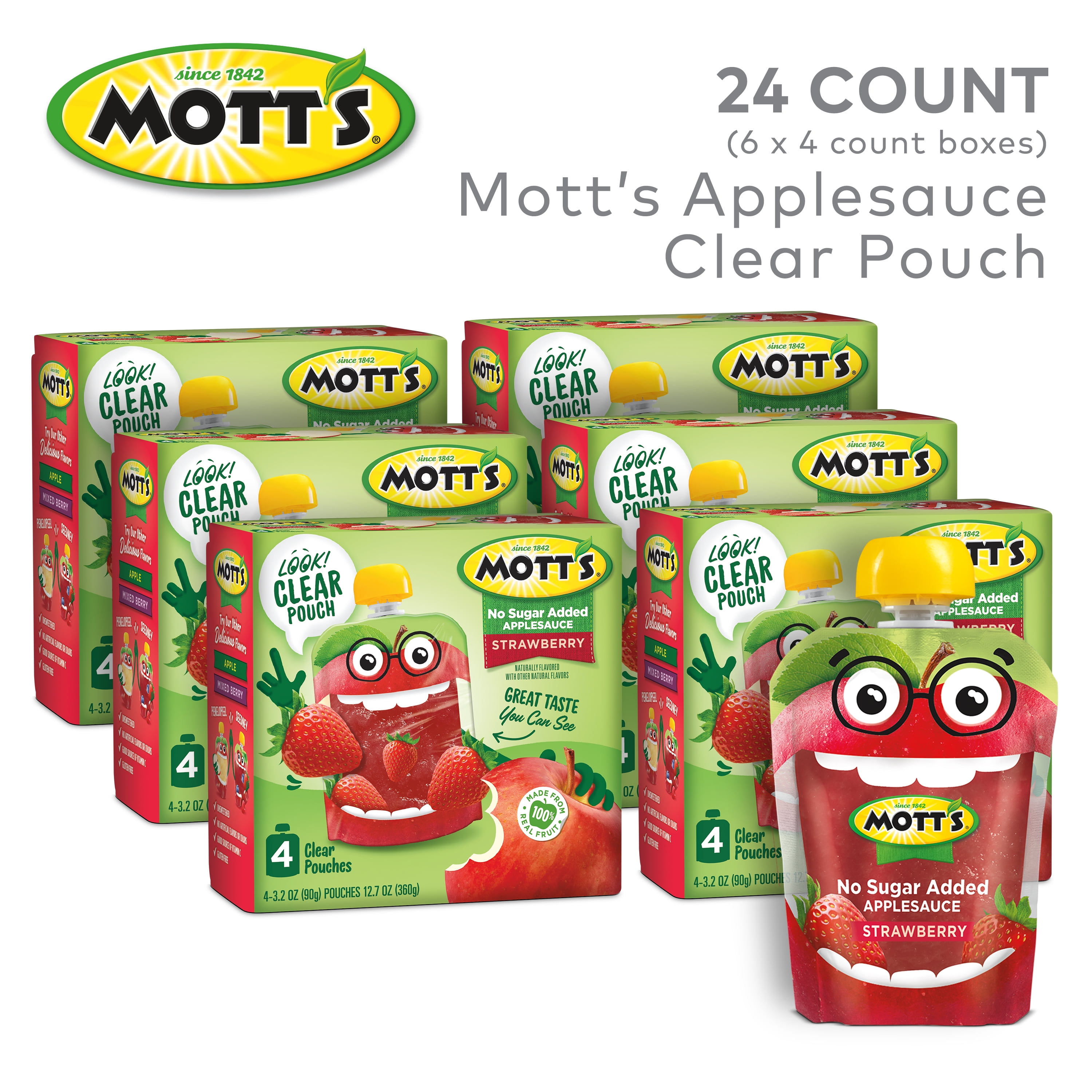 Mott's No Sugar Added Strawberry Applesauce, 3.2 oz, 24 Count Clear Pouches (6 Packs of 4)