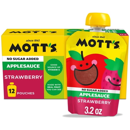 Mott's No Sugar Added Strawberry Applesauce, 3.2 oz, 12 Count Clear Pouches