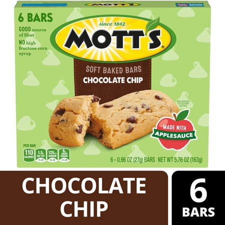 Mott's Soft Baked Bars, Chocolate Chip, Made with Applesauce, 6 Count, 5.76 oz