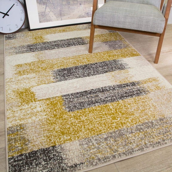 Mottled Faded Distressed Ikat Stripe Design Ochre Yellow Mustard Grey Beige Cream Rug