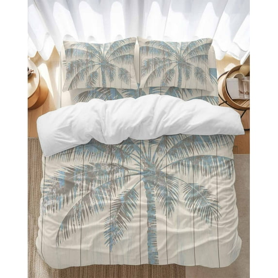 Mottled Palm Trees Bedding Duvet Cover Set Queen Size 4 Pieces Tropical Plant Retro Wood Grain Bedding Set with Zipper Closure, 1 Comforter Cover 90x92 Inches 1 Flat Sheet & 2 Pillow Cases