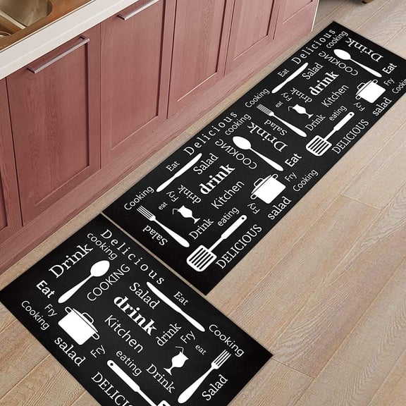 Motto Design Non-Slip Kitchen Mat - Anti-Fatigue, Black Decor Runner Rug for Floor Organization