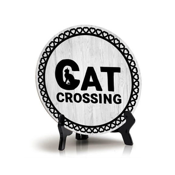 Motto Lita Cat Crossing Circle Wood Color, Table Sign (5"x5")