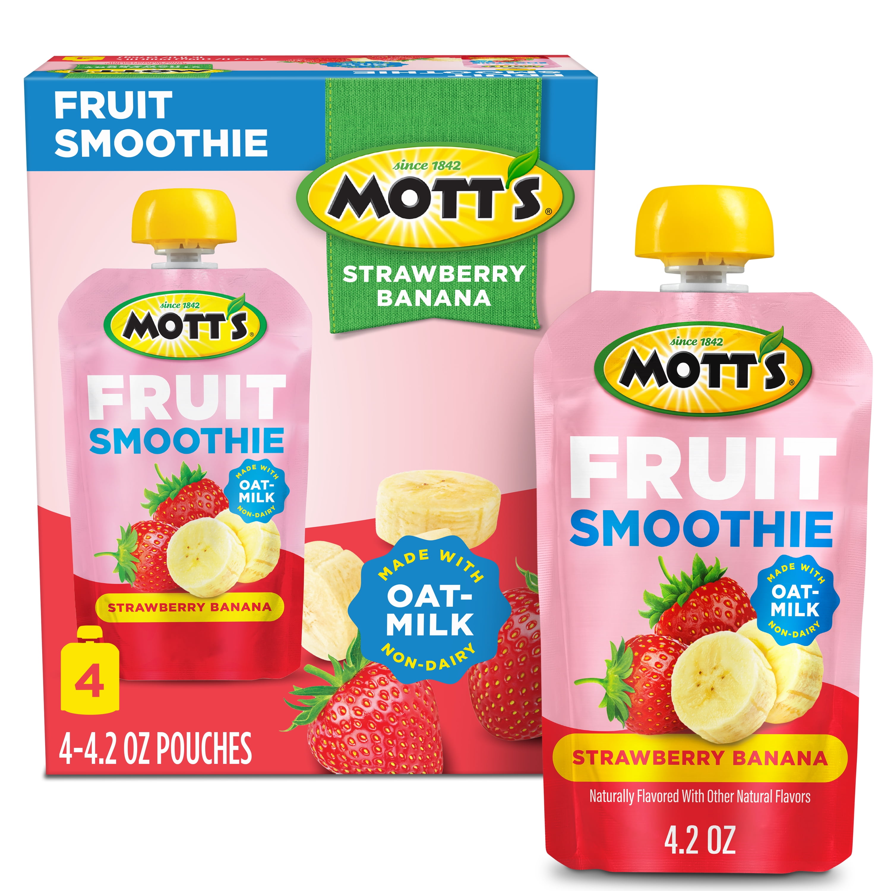 Motts Fruit Smoothies Strawberry Banana, Made With Oatmilk, 4.2 oz, 4 Pack Clear Pouches