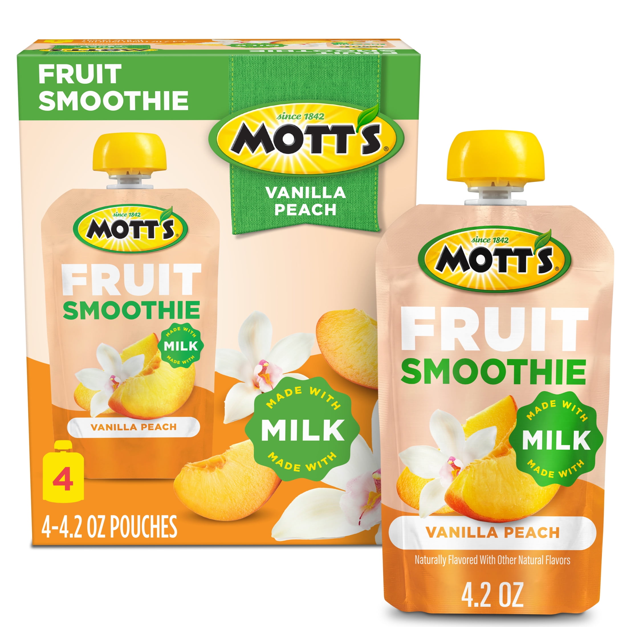 Motts Fruit Smoothie Vanilla Peach, 4.2 oz, 4 Pack Clear Pouches