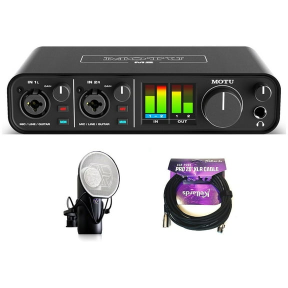 Motu M2 2x2 USB Audio Interface with Studio Quality Sound Bundle with Aston Microphones Element Microphone Bundle, Kellards XLR-P20T Pro 20 ft XLR Microphone Cable