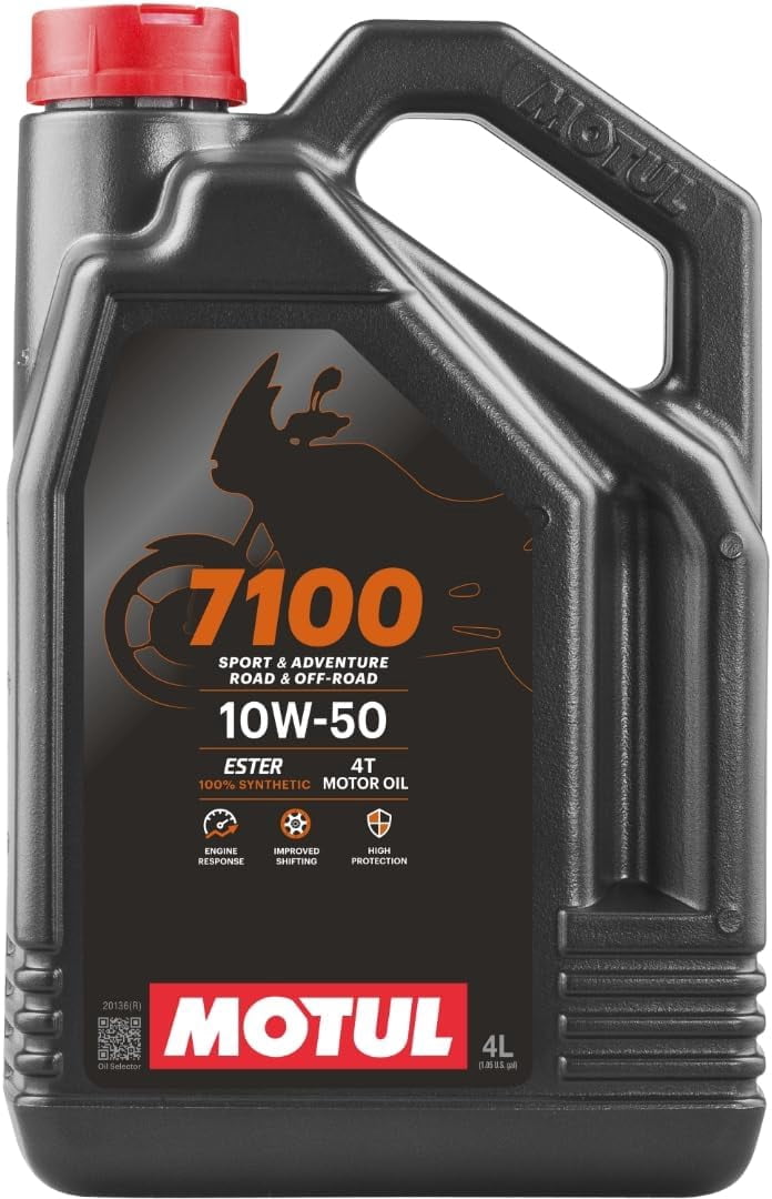 Motul 7100 4T 10W-50 Full Synthetic Motorcycle Oil, Ester Technology for KTM Husqvarna Triumph Aprilia Moto Guzzi, JASO MA2 Wet Clutch Compatible, API SP Certified, Road and Off-Road 4 L