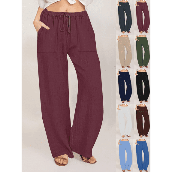 Motuos Pants for Women Fashion Women's Versatile Cotton Linen Wide Leg Long Pants Solid Color Adjustable Drawstring Waist Loose Fit Casual Trousers for Multiple Occasions