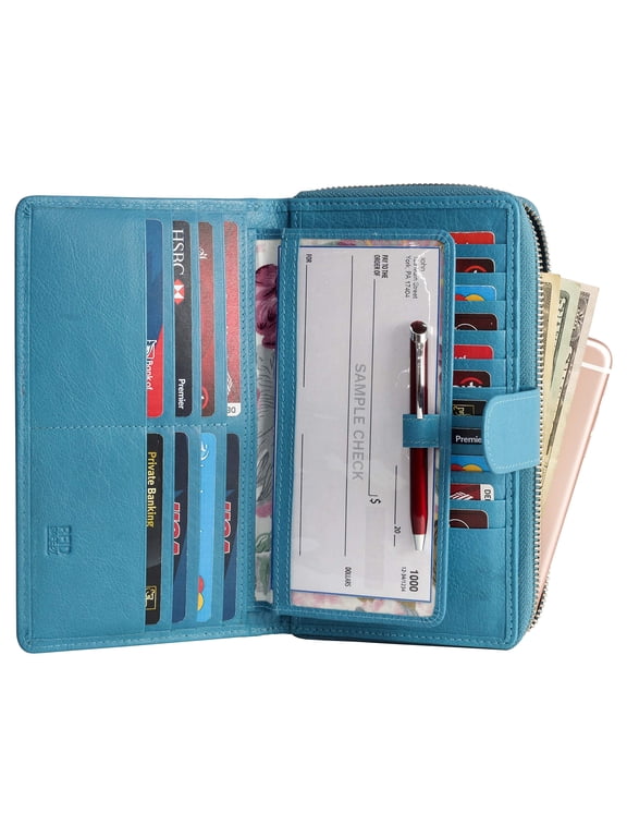 Big Fat RFID Blocking Leather Organizer Checkbook Wallets For Women - Clutch-Turquoise