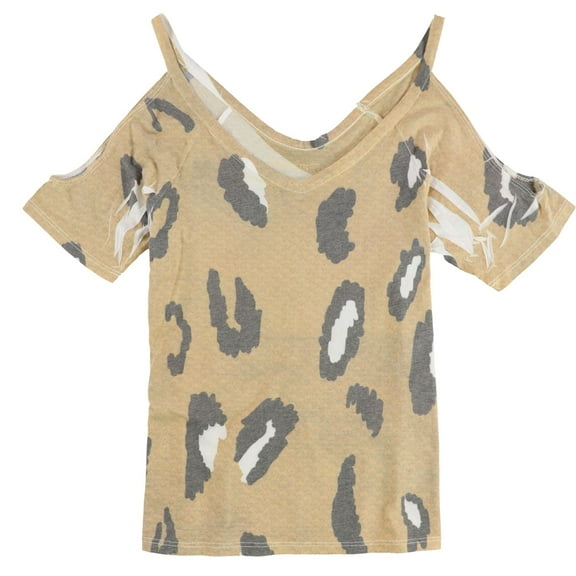 Mouchette Womens Cold Shoulder Graphic T-Shirt, Beige, X-Small