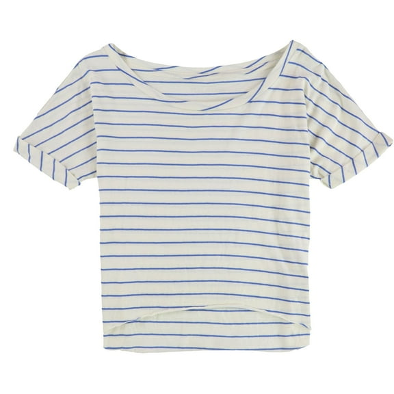 Mouchette Womens High Low Raw Edge Crop Basic T-Shirt, Off-White, Small