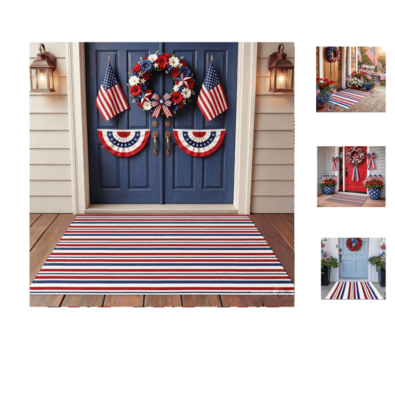 Moucuny Red Blue White Memorial Day Striped Rug 48'' x 32'' 250 Anniversary Mat Patriotic Outdoor Front Porch USA Door Mat Welcome Layering Rustic Rug 4th of July Doormat for Entryway Farmhouse Decor