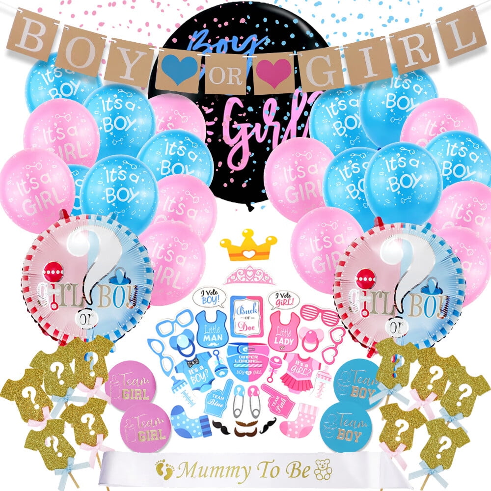 Gender Reveal Decorations Include What Will Baby Be Photography Backdrop  Banner Navy Blue and Blush Pink Balloons Kit for Boy or Girl Baby Shower