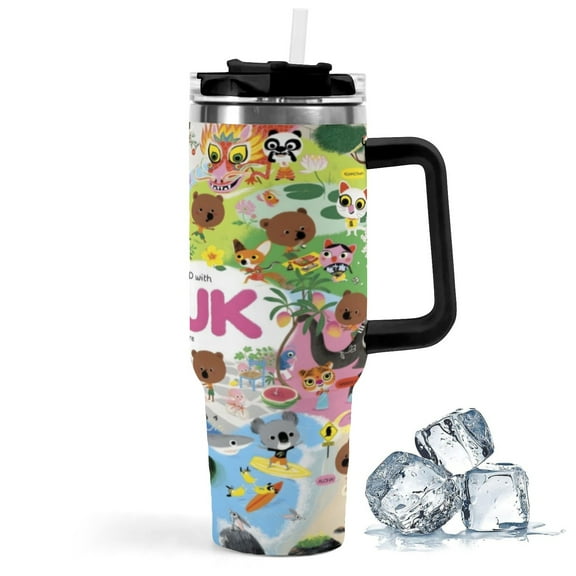 Mouk-theme Insulated Stainless Steel Tumbler with Handle Gifts For Family Friends Fans and Straw Fits in Standard Cup Holder 40 OZ