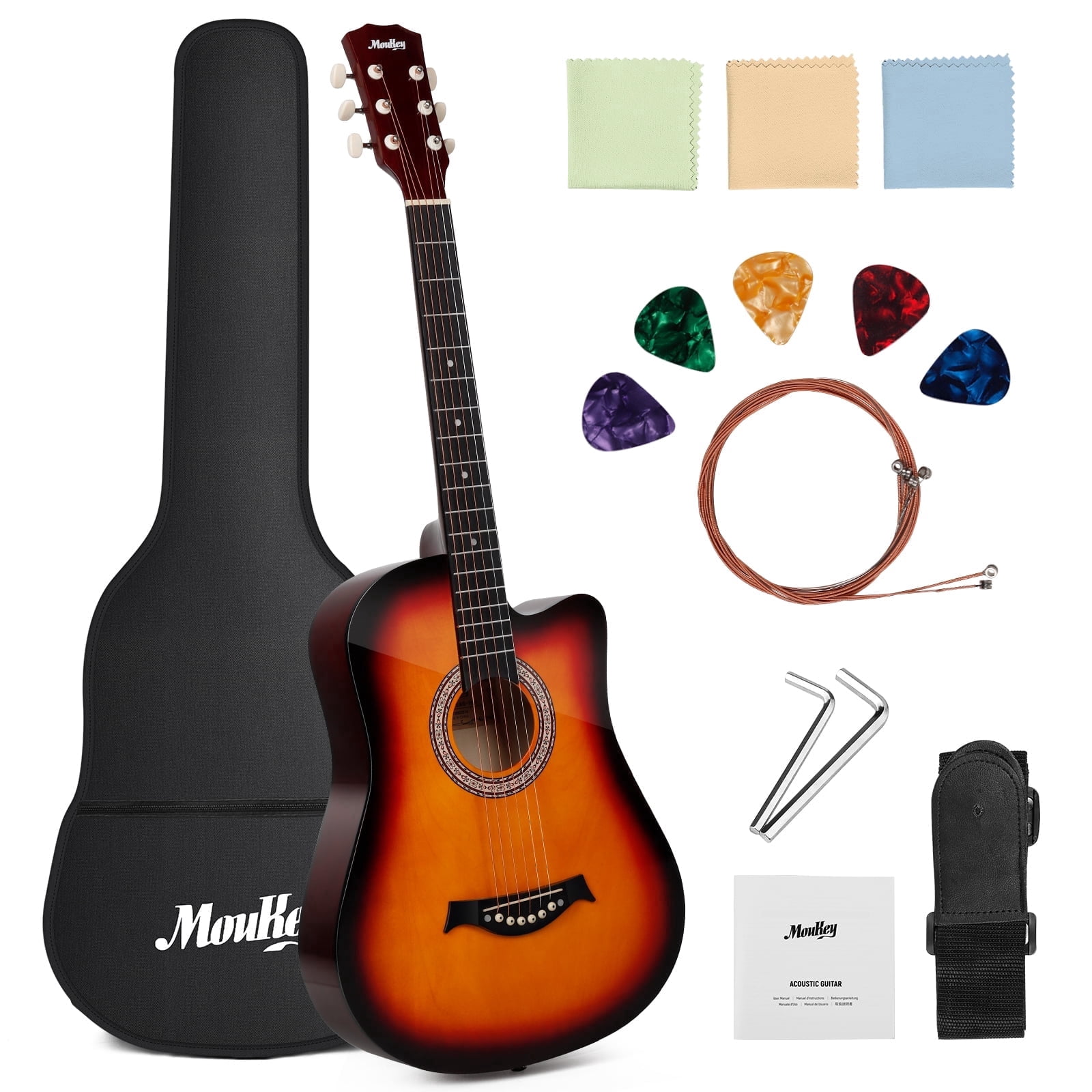 Moukey EAG-100 38in Acoustic Guitar for Beginner Kid Adult Teen Guitarra Acustica with Chord Poster, Gig Bag, Picks, Strings, Cloth, Strap - Sunset