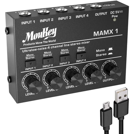 Moukey 4-Stereo Mini Audio Mixer, Ultra Low-Noise 4-Channel Line Mixer for Sub-Mixing, DC 5V Audio Mixer with USB Cable, As Microphones, Guitars, Bass, Keyboards or Stage Mixer-MAMX1