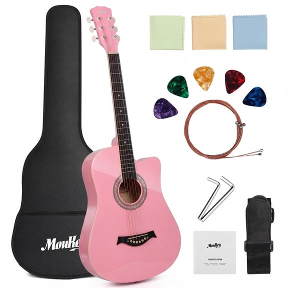 Moukey Acoustic Guitar for Beginner 38" Kid Adult Starter Kit with Accessories, Pink, EAG-100