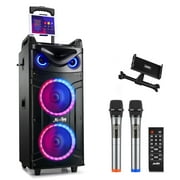 Moukey Adults Karaoke Speaker Singing Machine, Two 10" Woofer PA System for Party, with 2 Wireless Microphones, RGB Colorful Light, Portable Bluetooth Speakers