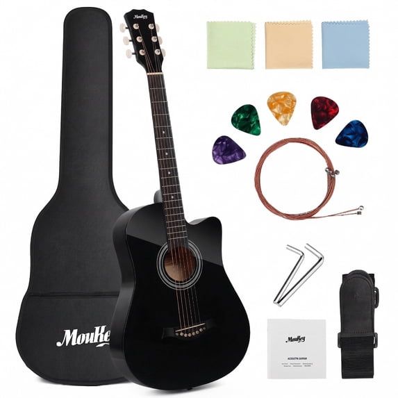 Moukey Beginner Guitar Kit, Acoustic 38 inch Complete Starter Bundle for Kids and Adults w/ Gig Bag, Strap, Extra Strings, Black, EAG-100