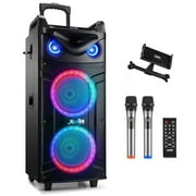 Moukey Karaoke Machine, Double 10" Woofer PA System for Party, with 2 Wireless Microphone, Disco Lights