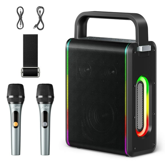 Moukey Karaoke Machine for Kids Adult, Home Karaoke System with Microphones, Colorful DJ Light, Bluetooth Portable Speaker for Party