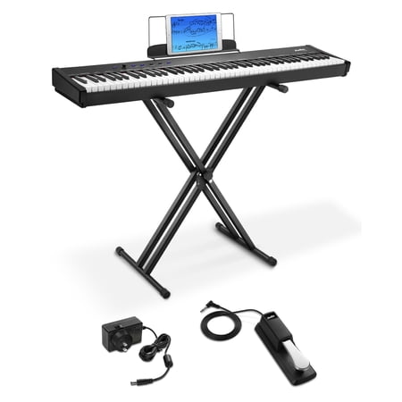 Moukey 88 Key Full-Size Semi-Weighted Electric Piano with 43 demo songs 83 rhythms 128 Premium Tones, Dream Chip, Includes Sustain Pedal, Stand, Power Supply, Gift for Piano Learner