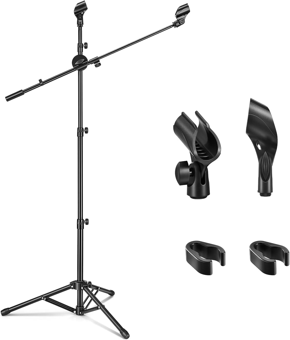 Moukey Microphone Stand, Tripod Boom Mic Stand with 2 NonSlip Mic Clip