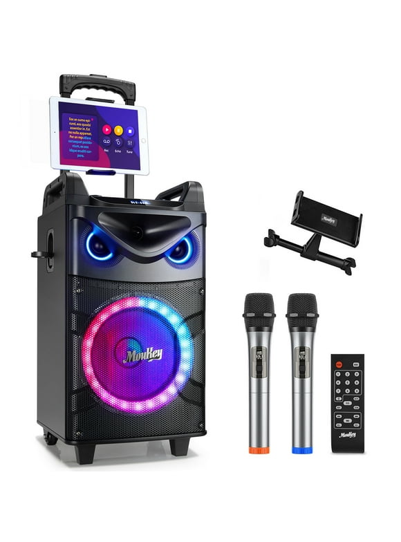 Moukey Sing Karaoke Machine for Party, 10" Woofer Stand Alone Portable PA System, Bluetooth Speaker with 2 UHF Wireless Microphones, Dynamic Colorful LED Lights