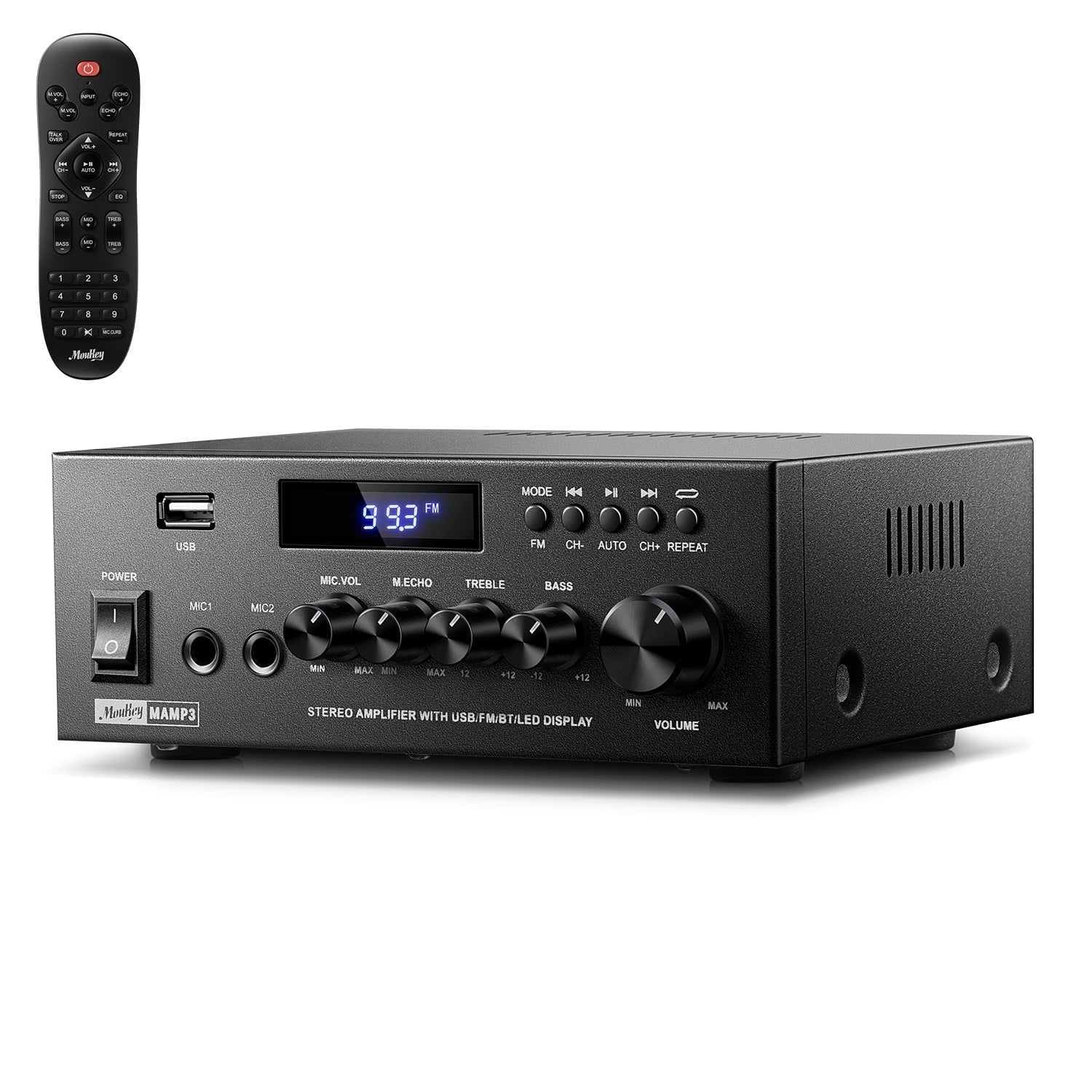 Moukey Stereo Receiver 300W 2 Channel Bluetooth Home Theater Amplifier with FM Radio, MP3/USB/SD Readers, 2 Mic Input