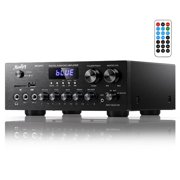 Moukey Stereo Receivers, 2 Channel Power Audio Amplifier Stereo System with Bluetooth 5.0, w/USB, SD, AUX, RCA, MIC in w/Echo, LED for Karaoke, Home Theater Speakers, 400W Peak, 25W 2 RMS