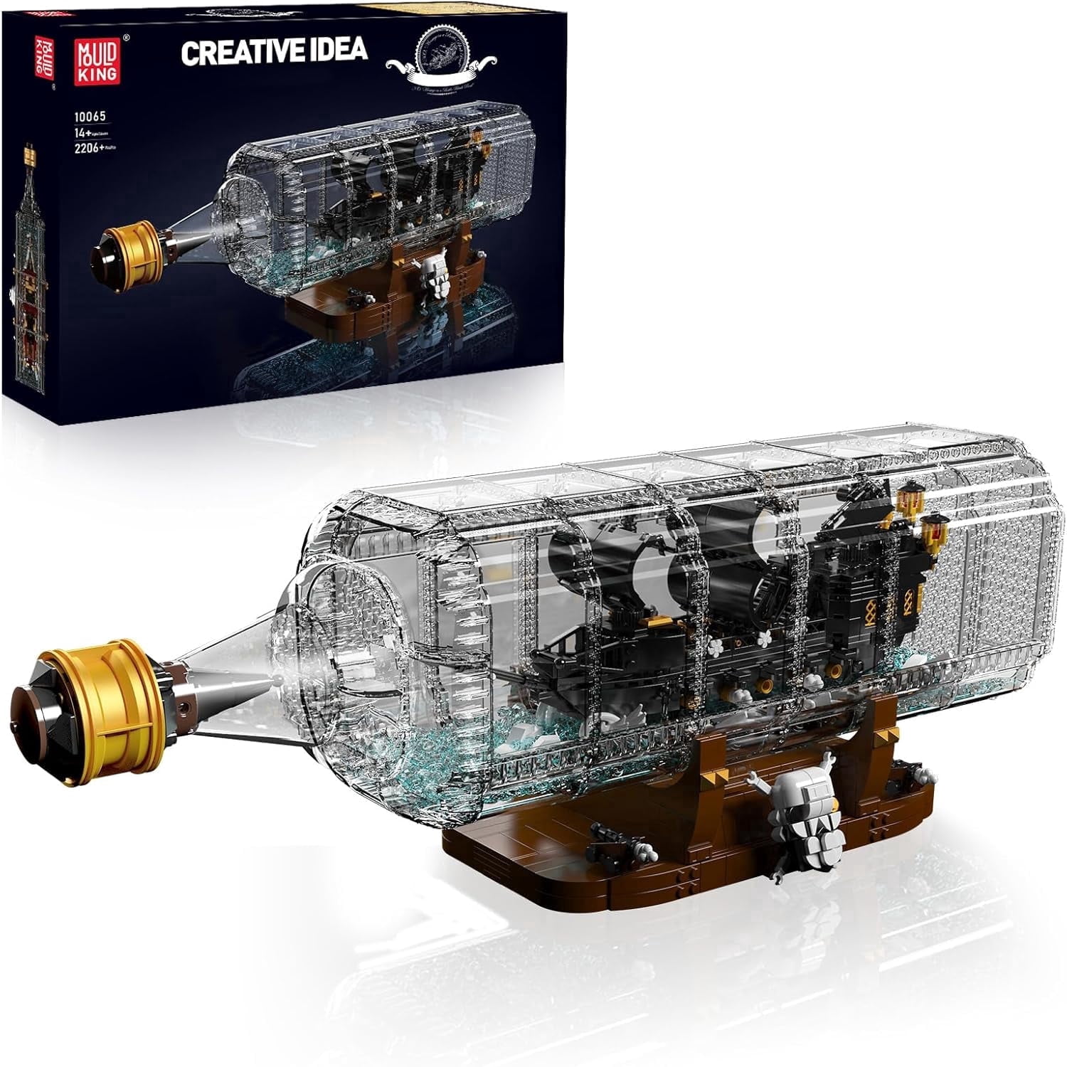 Mould King 10065 Drift Bottle with Black Pearl Ship Building Blocks Set, Pirate Ship in Bottle Model Building Kit with Display Stand,