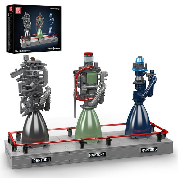 Mould King Raptor 1/2/3 Rocket Engine Collection Model Kit, 496+ PCS Building Blocks for Adults, DIY Aerospace Engineering Construction Toys with Display Case, Gift for Space Enthusiasts