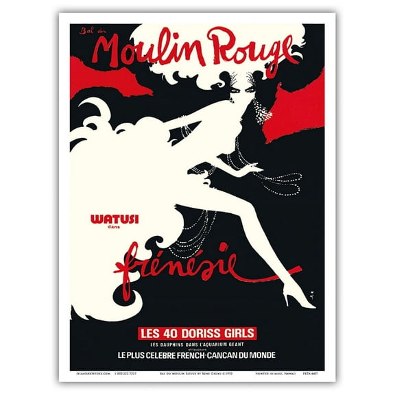 Moulin Rouge Cabaret - Paris France - Watusi Dance - 40 Doriss Girls - - Vintage Cabaret Casino Poster by René Gruau c.1970 - Master Art Print (Unframed) 9in x 12in