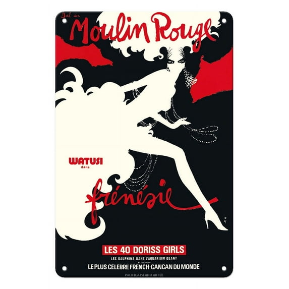 Moulin Rouge Cabaret - Paris France - Watusi Dance - 40 Doriss Girls - - Vintage Cabaret Casino Poster by René Gruau c.1970 - 8 x 12 inch Vintage Metal Tin Sign