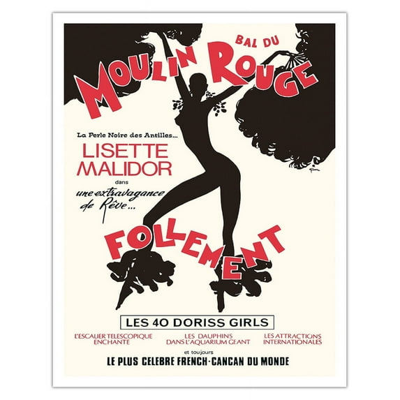 Moulin Rouge Paris France - French Cancan Dancers Revue Madly (Follement) - Vintage Cabaret Poster by René Gruau c.1960s - Fine Art Matte Paper Print (Unframed) 11x14in
