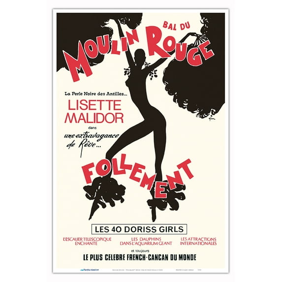 Moulin Rouge Paris France - French Cancan Dancers Revue Madly (Follement) - Vintage Cabaret Poster by René Gruau c.1960s - Master Art Print (Unframed) 12in x 18in
