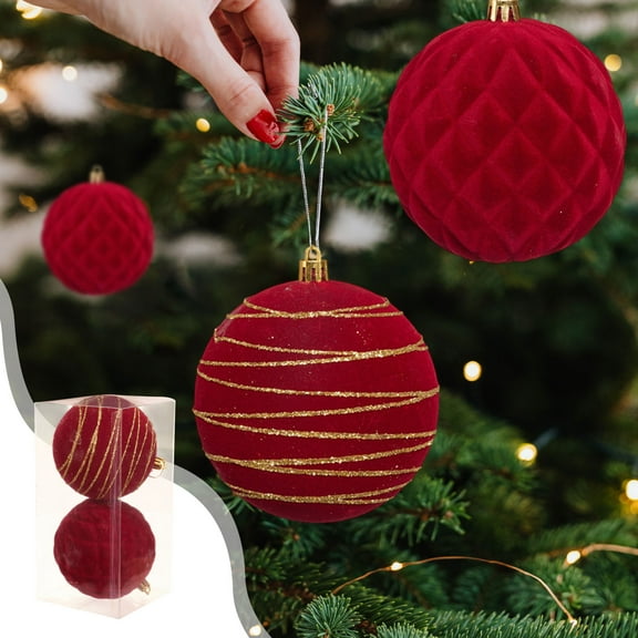 Mouliraty 10CM/2 Pcs Christmas Ball Ornaments, Christmas Balls Set Gift Box Boutique Flocking Balls Christmas Tree Hanging Decorations, Red